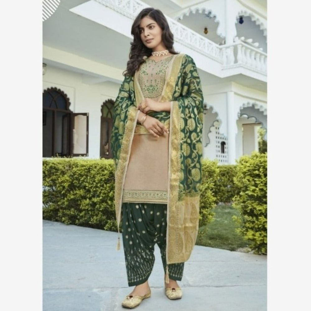 Cotton Silk Patiala Suit - Biege and Dark Green